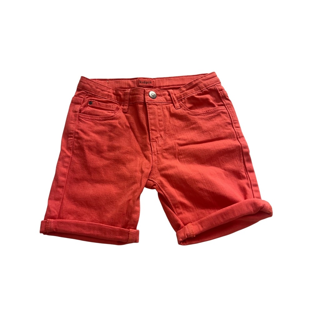 Kidpik Girls Coral Red Denim Shorts Size 10 Adjustable Waist Rolled Cuff